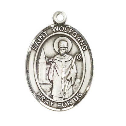 Oval .925 Sterling Silver Saint St. Wolfgang Medal Pendant on 24 Inch Rhodium Plated Heavy Curb Brass Chain with Lobster Claw clasp, Catholic Religious Necklace - Made in USA- Deluxe Velvet Gift Box