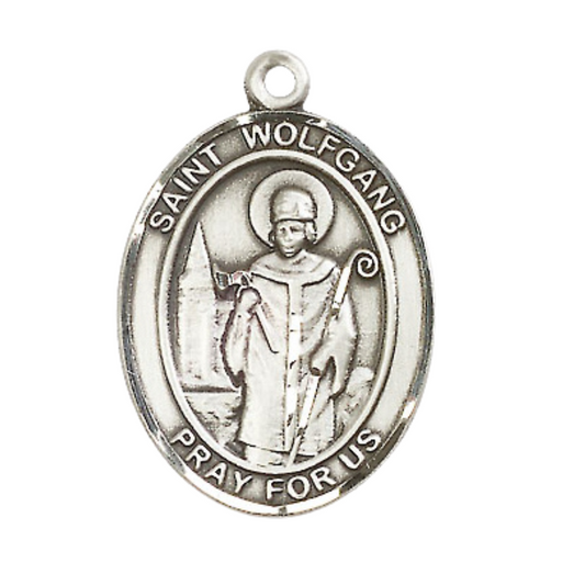 Oval .925 Sterling Silver Saint St. Wolfgang Medal Pendant on 24 Inch Rhodium Plated Heavy Curb Brass Chain with Lobster Claw clasp, Catholic Religious Necklace - Made in USA- Deluxe Velvet Gift Box