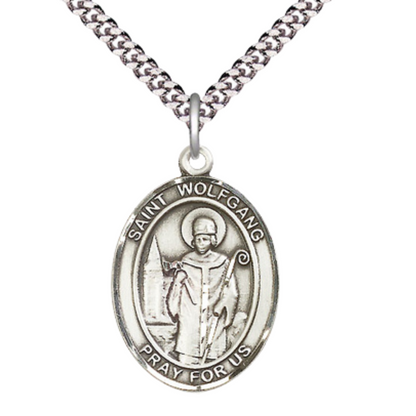 1 x 3/4" Oval Pewter Saint St. Wolfgang Medal Pendant on 24 inch Rhodium Plated Heavy Curb Brass Chain with Lobster Claw clasp, Catholic Religious Necklace - Made in USA - Deluxe Velvet Gift Box