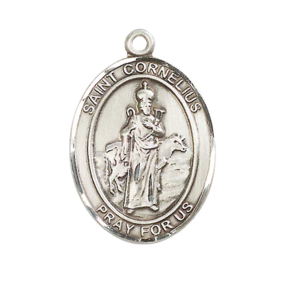 Women's .925 Sterling Silver Saint St. Cornelius Medal Pendant on 18 Inch Rhodium Plated Lite Curb Brass Chain with Lobster Claw Clasp, Catholic Religious Necklace - Made in USA- Deluxe Velvet Gift Box