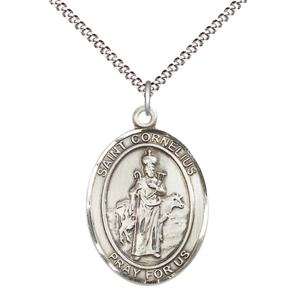 Women's .925 Sterling Silver Saint St. Cornelius Medal Pendant on 18 Inch Rhodium Plated Lite Curb Brass Chain with Lobster Claw Clasp, Catholic Religious Necklace - Made in USA- Deluxe Velvet Gift Box