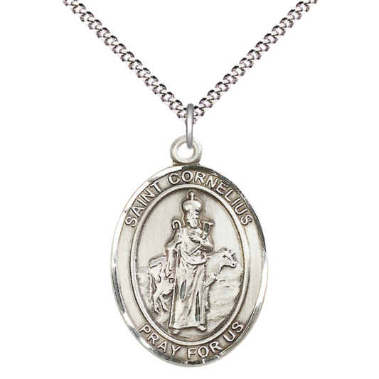 Women's .925 Sterling Silver Saint St. Cornelius Medal Pendant on 18 Inch Rhodium Plated Lite Curb Brass Chain with Lobster Claw Clasp, Catholic Religious Necklace - Made in USA- Deluxe Velvet Gift Box