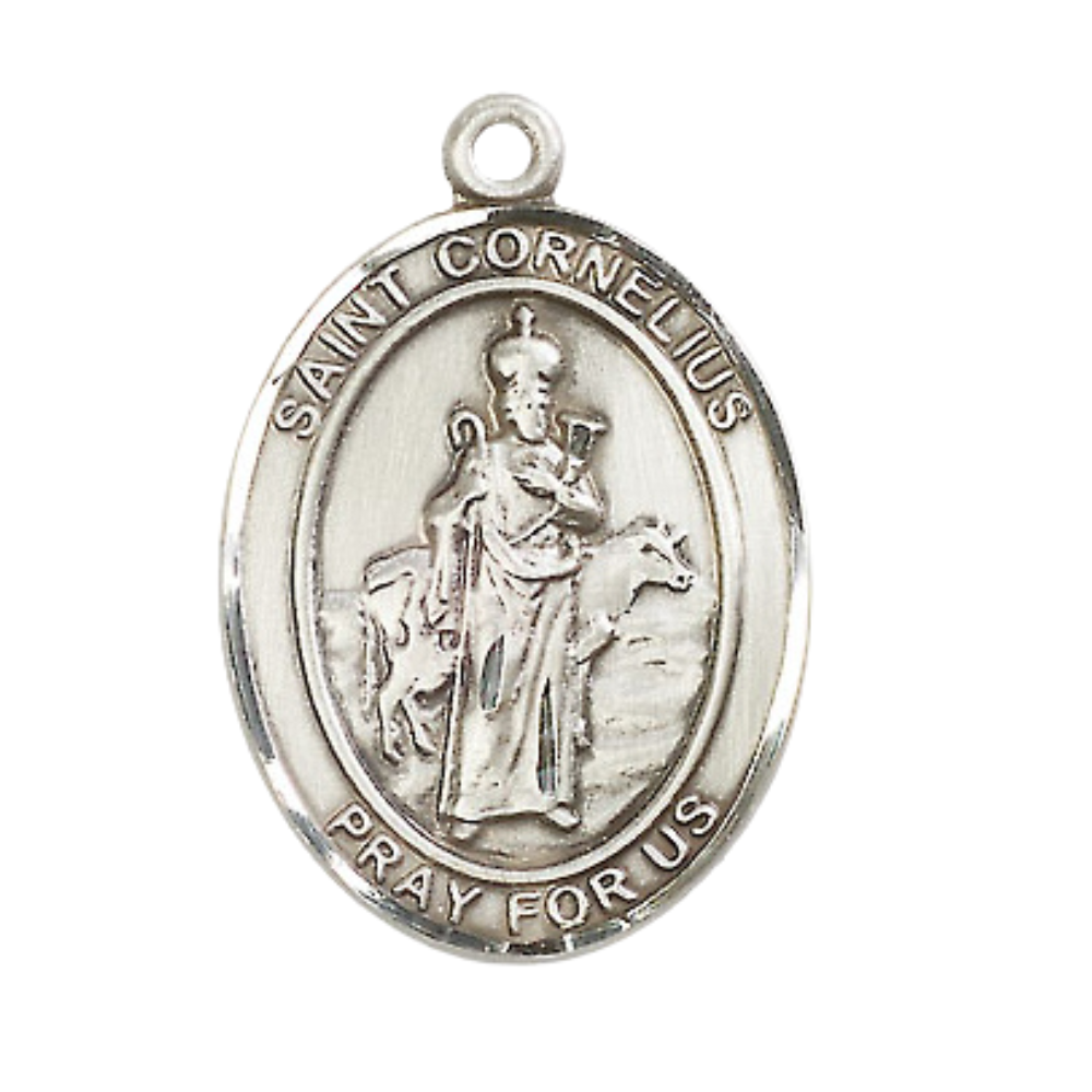 Oval .925 Sterling Silver Saint St. Cornelius Medal Pendant on 24 Inch Rhodium Plated Heavy Curb Brass Chain with Lobster Claw clasp, Catholic Religious Necklace - Made in USA- Deluxe Velvet Gift Box