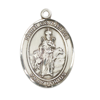Oval .925 Sterling Silver Saint St. Cornelius Medal Pendant on 24 Inch Rhodium Plated Heavy Curb Brass Chain with Lobster Claw clasp, Catholic Religious Necklace - Made in USA- Deluxe Velvet Gift Box