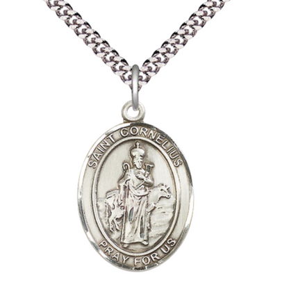 Saint St. Cornelius Medal Necklace, Catholic Medal - Patron Saint. of Earaches, Animals & Epilepsy – 24 Inch Endless Light Rhodium Plated Chain – Velvet Gift Box