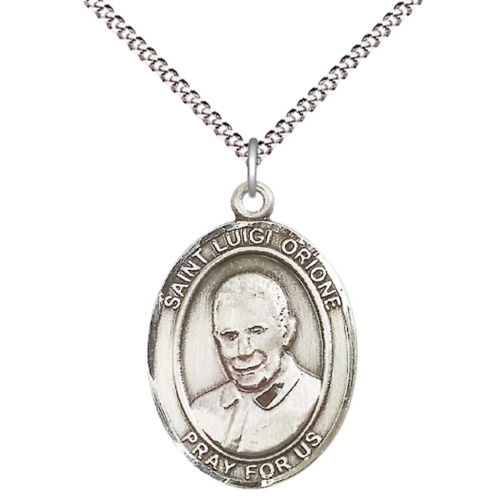 Women's .925 Sterling Silver Saint St. Luigi Orione Medal Pendant on 18 Inch Rhodium Plated Lite Curb Brass Chain with Lobster Claw Clasp, Catholic Religious Necklace - Made in USA- Deluxe Velvet Gift Box