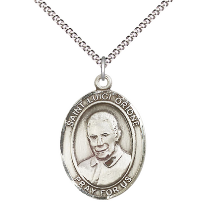 Pewter Saint St. Luigi Orione Large Medal Pendant on 18 Inch Rhodium Plated Lite Curb Brass Chain with Lobster Claw Clasp, Catholic Religious Necklace - Made in USA- Deluxe Velvet Gift Box