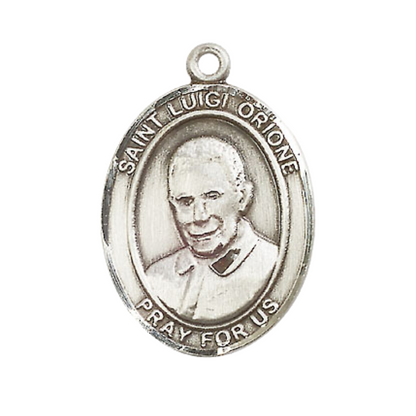 Pewter Saint St. Luigi Orione Large Medal Pendant on 18 Inch Rhodium Plated Lite Curb Brass Chain with Lobster Claw Clasp, Catholic Religious Necklace - Made in USA- Deluxe Velvet Gift Box