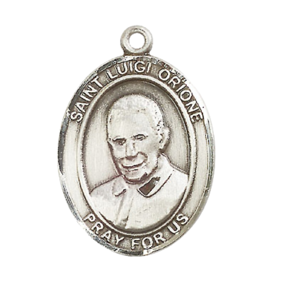 .925 Sterling Silver Saint Luigi Orione Medal Pendant on 24" Rhodium Plated Heavy Curb Brass Chain with Lobster Claw clasp, Catholic Religious Necklace -Made in USA- Deluxe Velvet Gift Box