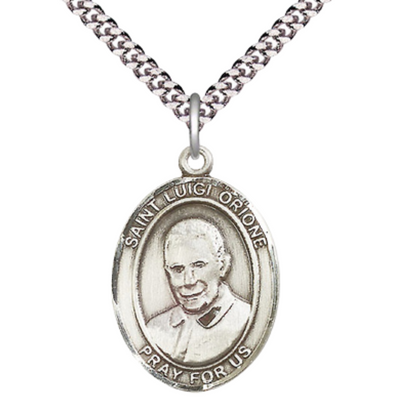 Saint Luigi Orione Men's Medal Necklace – Patron Saint of the Poor, Homeless & Abandoned – 24" Endless Light Rhodium Plated Heavy Curb Chain – Velvet Gift Box