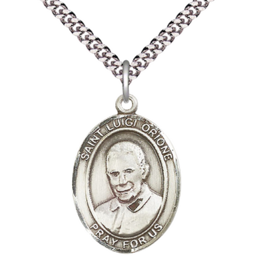 Saint Luigi Orione Men's Medal Necklace – Patron Saint of the Poor, Homeless & Abandoned – 24" Endless Light Rhodium Plated Heavy Curb Chain – Velvet Gift Box