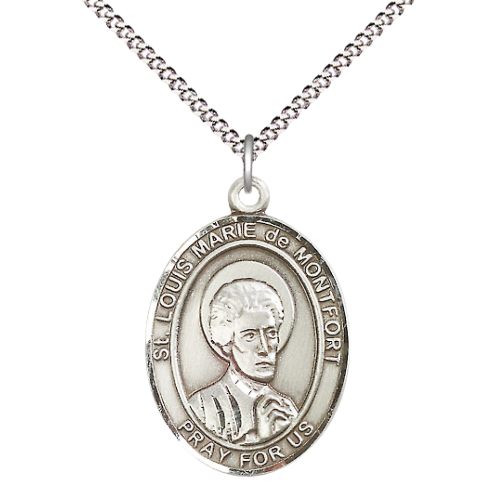 Women's Pewter Saint St. Louis Marie de Montfort Medal Pendant on 18 Inch Rhodium Plated Lite Curb Brass Chain with Lobster Claw Clasp, Catholic Religious Necklace - Made in USA- Deluxe Velvet Gift Box