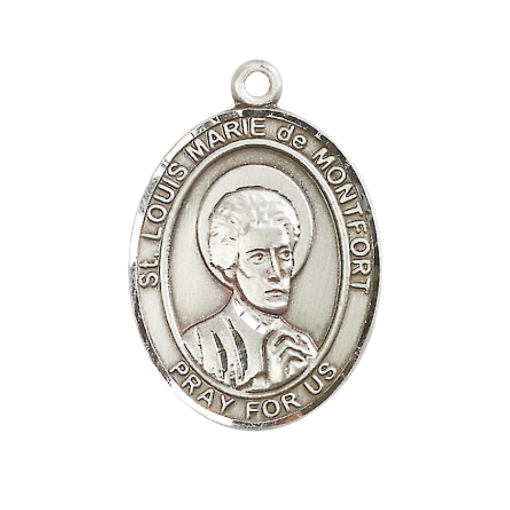 Women's .925 Sterling Silver Saint St. Louis Marie de Montfort Medal Pendant on 18 Inch Rhodium Plated Lite Curb Brass Chain w/ Lobster Claw Clasp, Catholic Religious Necklace - Made in USA- Velvet Gift Box