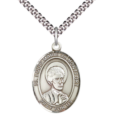 Saint St. Louis Marie de Montfort Medal Necklace – 24 Inch Endless Light Rhodium Plated Chain, Catholic Medal – Velvet Gift Box