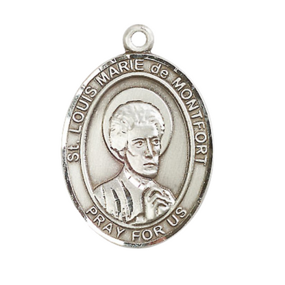 Oval Pewter Saint St. Louis Marie de Montfort Medal Pendant on 24 Inch Rhodium Plated Heavy Curb Brass Chain with Lobster Claw clasp, Catholic Religious Necklace - Made in USA - Deluxe Velvet Gift Box