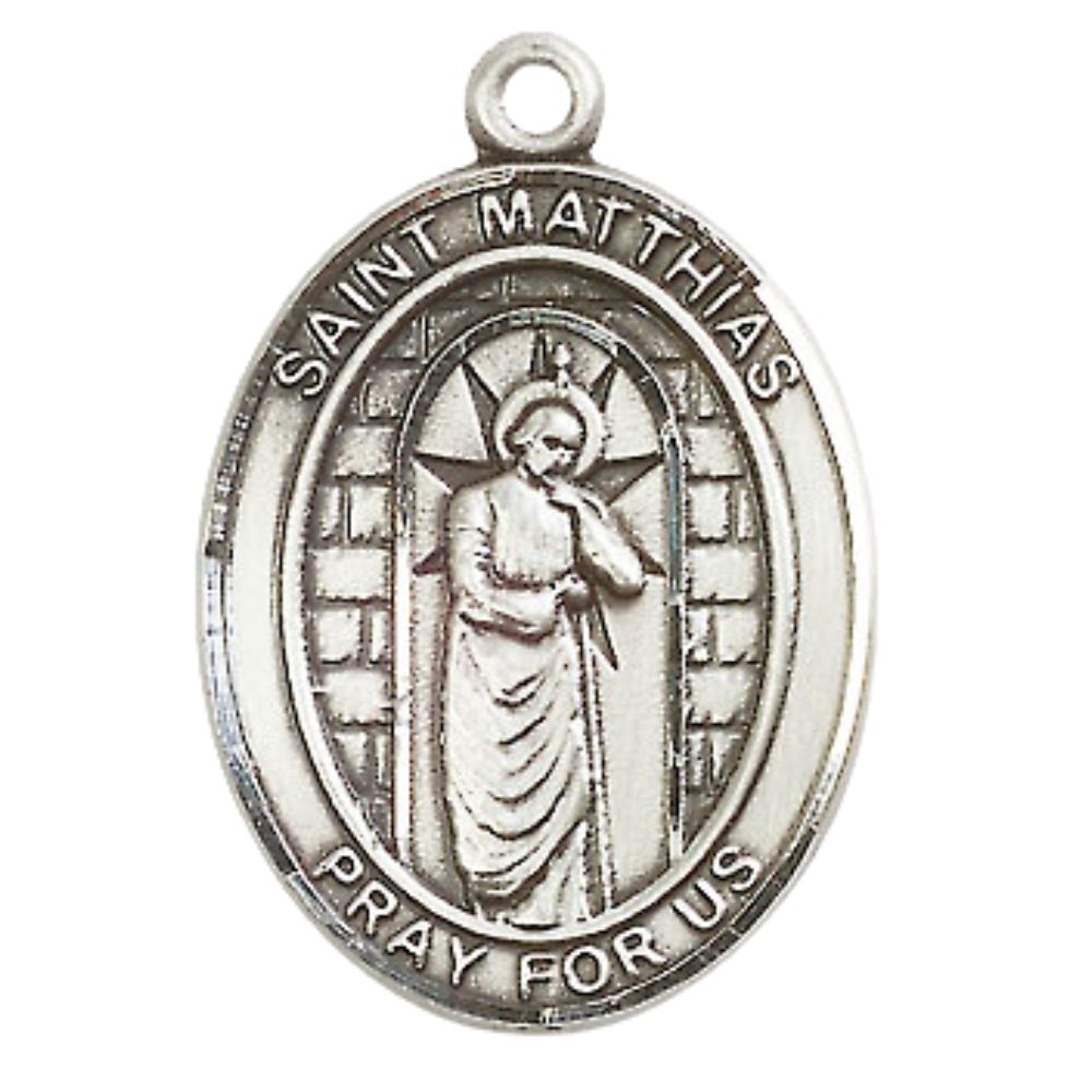 Women's Pewter Patron Saint St. Matthias the Apostle Medal Pendant with 18 Inch Rhodium Plated Lite Curb Brass Chain Catholic Religious Necklace - Made in USA, Deluxe Velvet Gift Box
