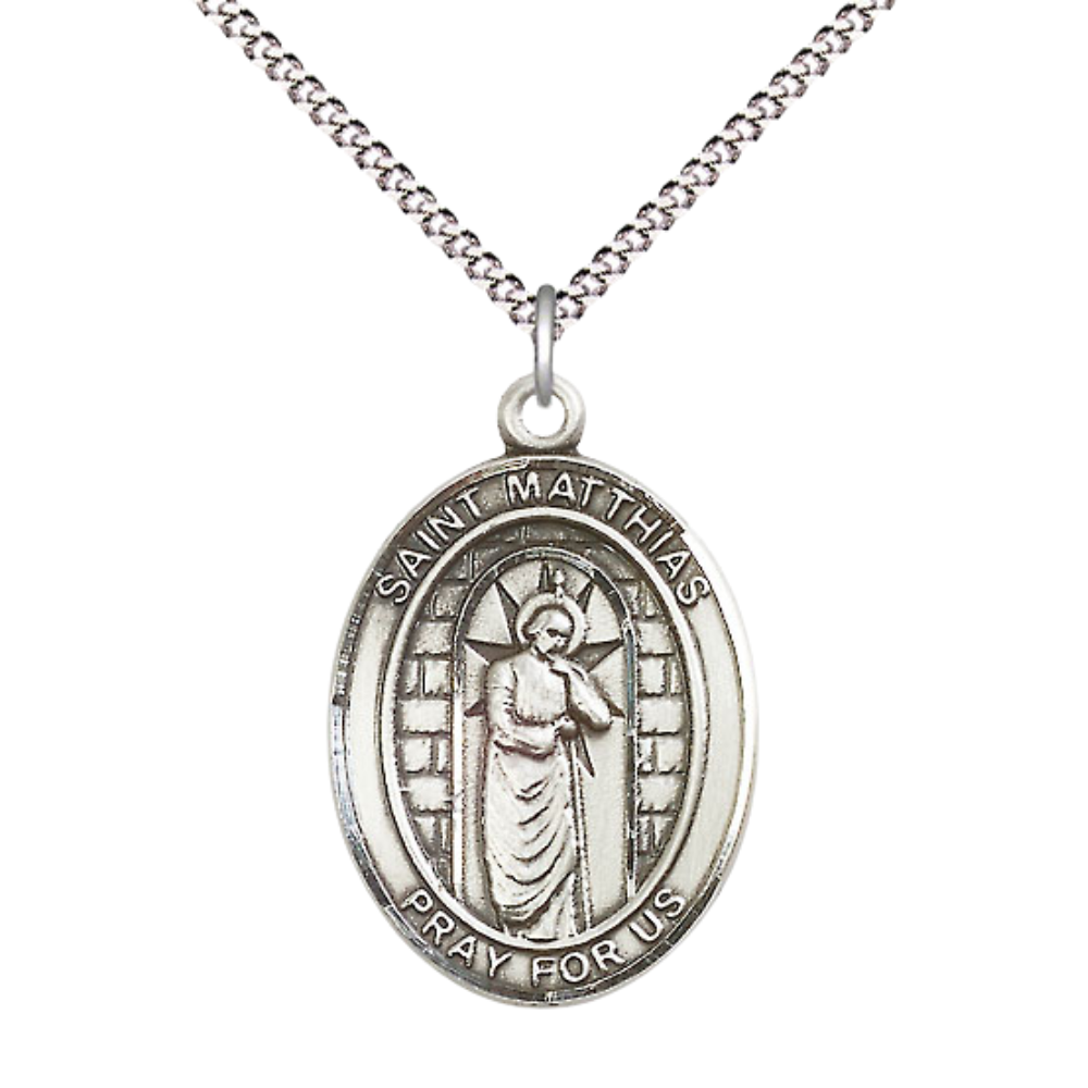 Women's Pewter Patron Saint St. Matthias the Apostle Medal Pendant with 18 Inch Rhodium Plated Lite Curb Brass Chain Catholic Religious Necklace - Made in USA, Deluxe Velvet Gift Box