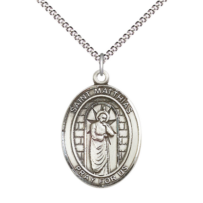 Women's .925 Sterling Silver Patron Saint St. Matthias the Apostle Medal Pendant with 18 Inch Rhodium Plated Lite Curb Brass Chain Catholic Religious Necklace - Made in USA, Deluxe Velvet Gift Box