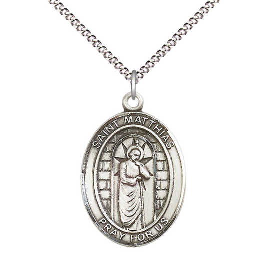 Women's .925 Sterling Silver Patron Saint St. Matthias the Apostle Medal Pendant with 18 Inch Rhodium Plated Lite Curb Brass Chain Catholic Religious Necklace - Made in USA, Deluxe Velvet Gift Box