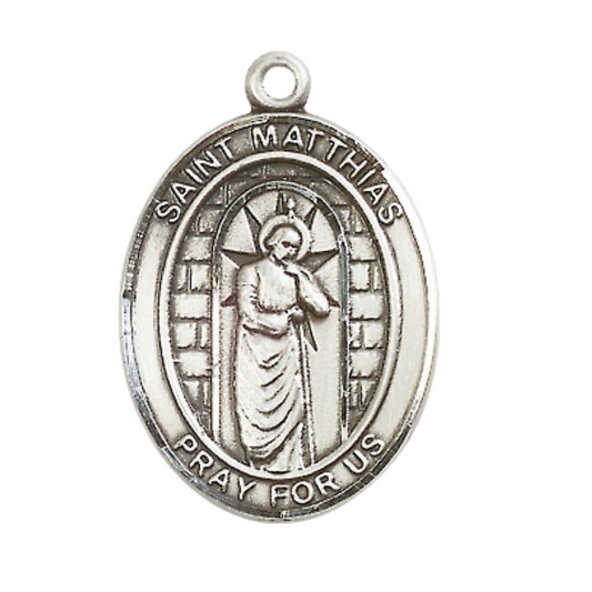 Sterling Silver Saint Matthias the Apostle Medal Pendant on 24" Rhodium Plated Heavy Curb Brass Chain w/ Lobster Claw clasp, Catholic Religious Necklace -Made in USA- Deluxe Velvet Gift Box