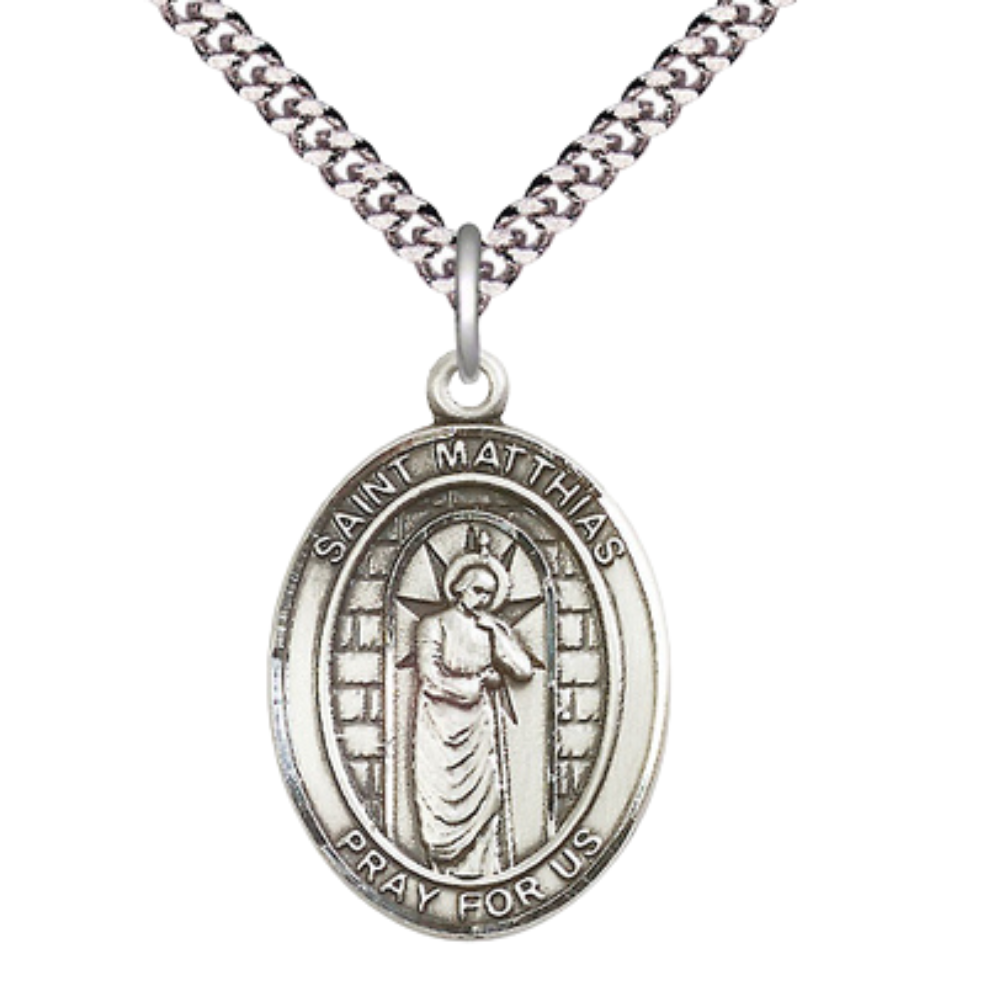 Saint St. Matthias the Apostle Men's Medal Necklace – Patron Saint St. of Alcoholism & Carpenters – 24 Inch Endless Light Rhodium Plated Heavy Curb Chain, Catholic Medal – Velvet Gift Box