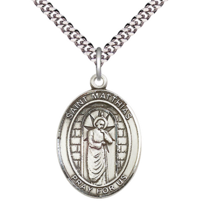 Saint St. Matthias the Apostle Men's Medal Necklace – Patron Saint St. of Alcoholism & Carpenters – 24 Inch Endless Light Rhodium Plated Heavy Curb Chain, Catholic Medal – Velvet Gift Box