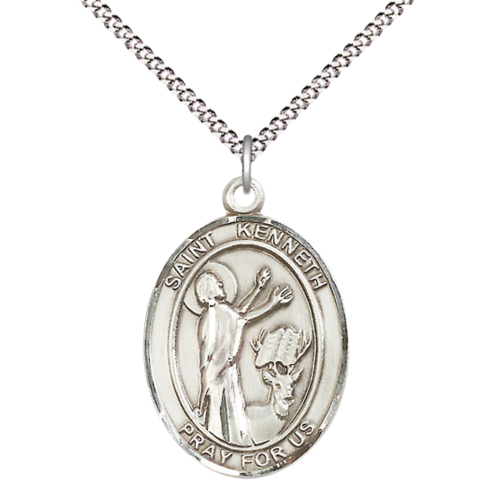 Women's Pewter Saint St. Kenneth Medal Pendant on 18 Inch Rhodium Plated Lite Curb Brass Chain with Lobster Claw Clasp, Catholic Religious Necklace - Made in USA- Deluxe Velvet Gift Box
