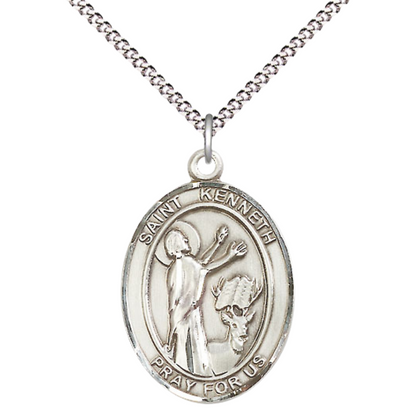 Women's Pewter Saint St. Kenneth Medal Pendant on 18 Inch Rhodium Plated Lite Curb Brass Chain with Lobster Claw Clasp, Catholic Religious Necklace - Made in USA- Deluxe Velvet Gift Box