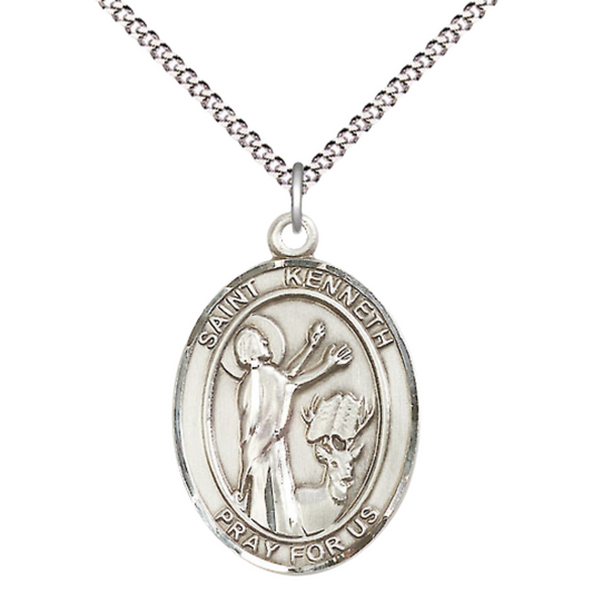 Women's Pewter Saint St. Kenneth Medal Pendant on 18 Inch Rhodium Plated Lite Curb Brass Chain with Lobster Claw Clasp, Catholic Religious Necklace - Made in USA- Deluxe Velvet Gift Box