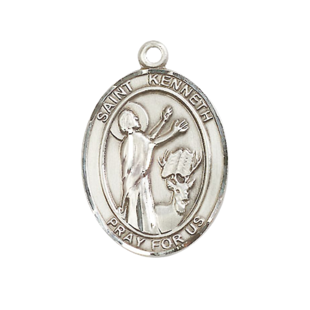 Women's .925 Sterling Silver Saint St. Kenneth Medal Pendant on 18 Inch Rhodium Plated Lite Curb Brass Chain with Lobster Claw Clasp, Catholic Religious Necklace - Made in USA- Deluxe Velvet Gift Box