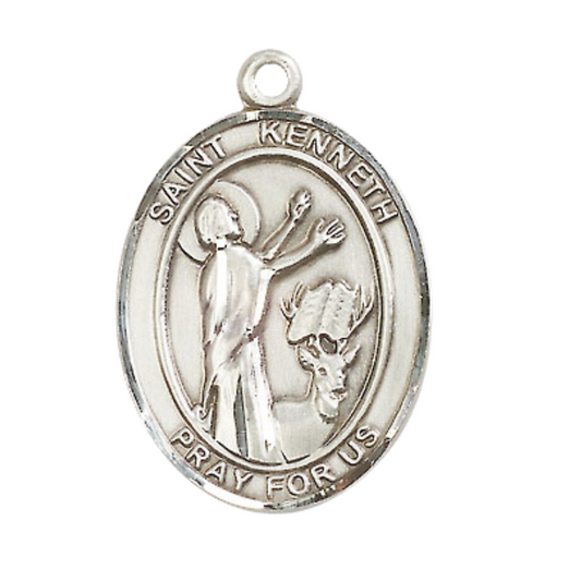Oval .925 Sterling Silver Saint St. Kenneth Medal Pendant on 24 Inch Rhodium Plated Heavy Curb Brass Chain with Lobster Claw clasp, Catholic Religious Necklace - Made in USA- Deluxe Velvet Gift Box
