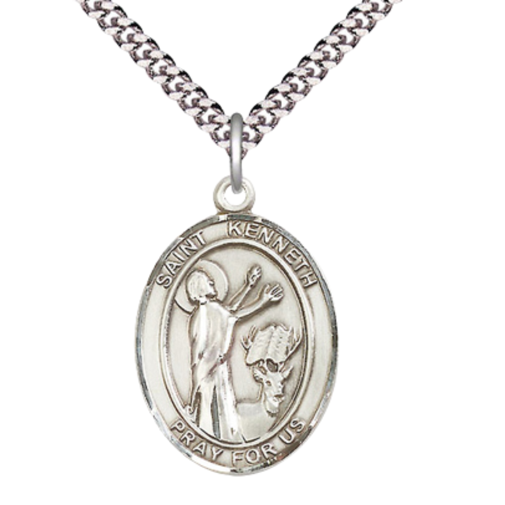 Saint St. Kenneth Medal Necklace, Catholic Medal - Patron Saint. of the Monastery of Agahanoe – 24 Inch Endless Light Rhodium Plated Chain – Velvet Gift Box