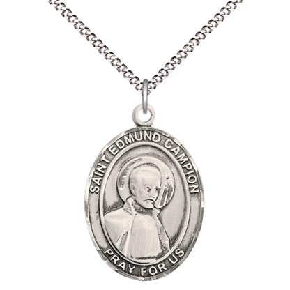 Women's Pewter Saint St. Edmund Campion Medal Pendant on 18 Inch Rhodium Plated Lite Curb Brass Chain with Lobster Claw Clasp, Catholic Religious Necklace - Made in USA- Deluxe Velvet Gift Box