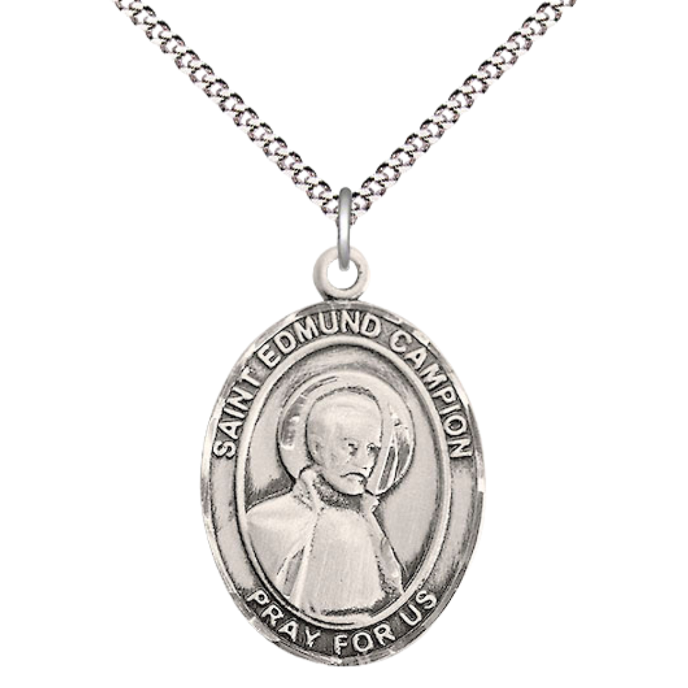 Women's .925 Sterling Silver Saint St. Edmund Campion Medal Pendant on 18 Inch Rhodium Plated Lite Curb Brass Chain with Lobster Claw Clasp, Catholic Religious Necklace - Made in USA- Velvet Gift Box