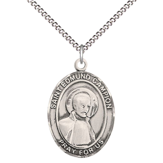 Women's .925 Sterling Silver Saint St. Edmund Campion Medal Pendant on 18 Inch Rhodium Plated Lite Curb Brass Chain with Lobster Claw Clasp, Catholic Religious Necklace - Made in USA- Velvet Gift Box