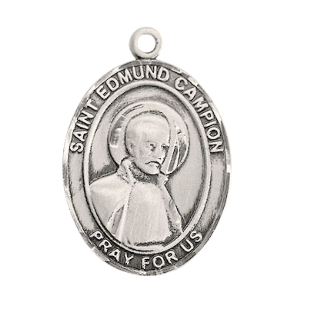 .925 Sterling Silver Saint Edmund Campion Medal Pendant on 24" Rhodium Plated Heavy Curb Brass Chain with Lobster Claw clasp, Catholic Religious Necklace -Made in USA- Deluxe Velvet Gift Box