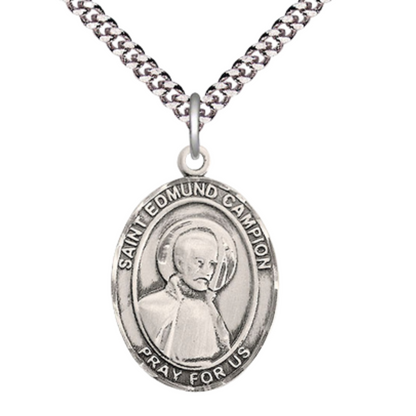 Saint Edmund Campion Medal Necklace – Men's Sterling Silver Pendant with 24-Inch Light Rhodium Plated Heavy Curb Chain – Patron Saint of Wales – Velvet Gift Box Included