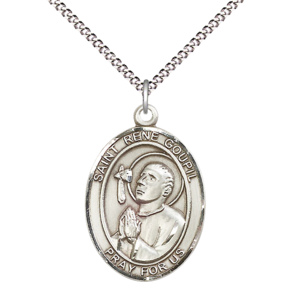 Women's .925 Sterling Silver Saint St. Rene Goupil Medal Pendant on 18 Inch Rhodium Plated Lite Curb Brass Chain with Lobster Claw Clasp, Catholic Religious Necklace - Made in USA- Deluxe Velvet Gift Box