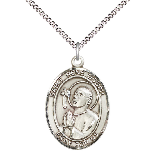 Women's Pewter Saint St. Rene Goupil Medal Pendant on 18 Inch Rhodium Plated Lite Curb Brass Chain with Lobster Claw Clasp, Catholic Religious Necklace - Made in USA- Deluxe Velvet Gift Box