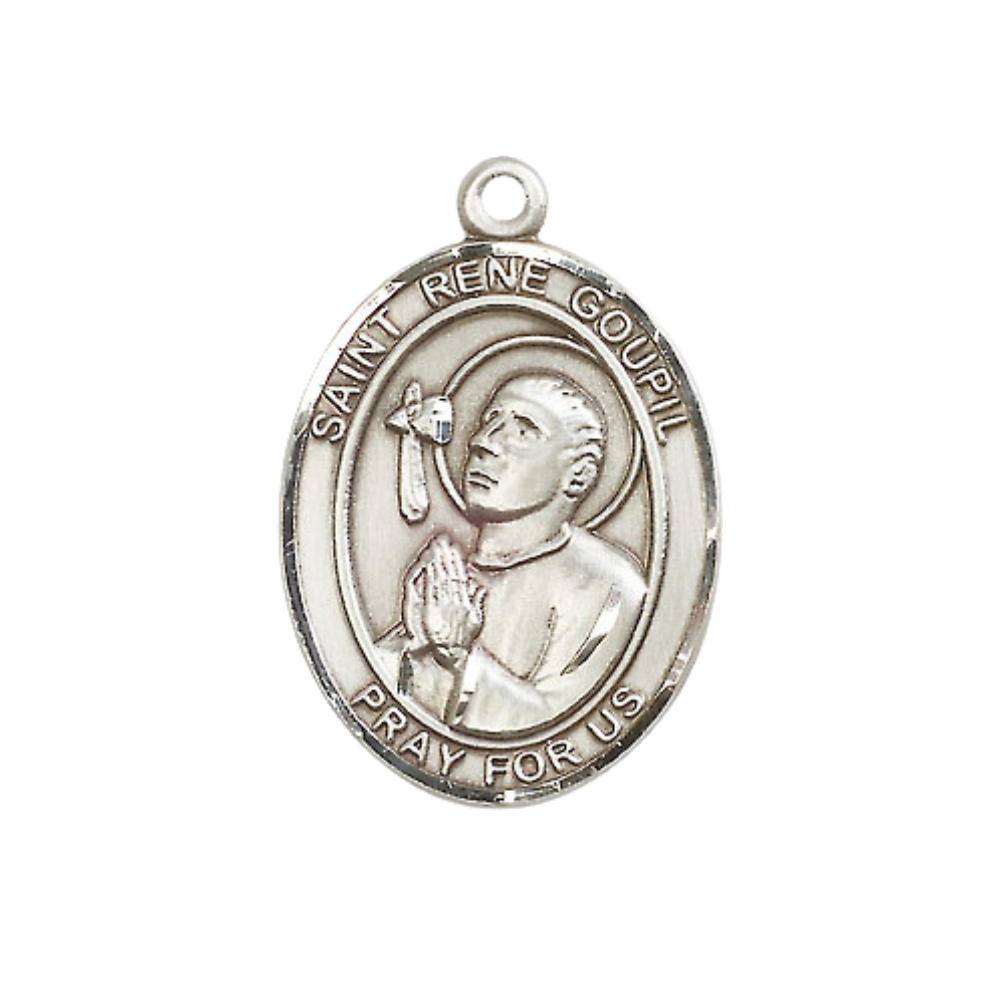 Women's .925 Sterling Silver Saint St. Rene Goupil Medal Pendant on 18 Inch Rhodium Plated Lite Curb Brass Chain with Lobster Claw Clasp, Catholic Religious Necklace - Made in USA- Deluxe Velvet Gift Box