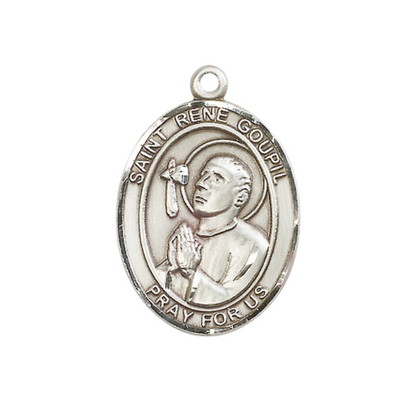 Women's Pewter Saint St. Rene Goupil Medal Pendant on 18 Inch Rhodium Plated Lite Curb Brass Chain with Lobster Claw Clasp, Catholic Religious Necklace - Made in USA- Deluxe Velvet Gift Box