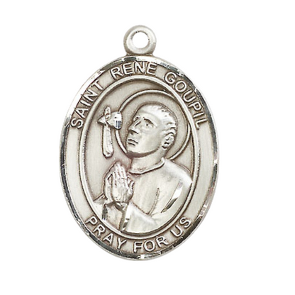 1 x 3/4" Oval Pewter Saint Rene Goupil Medal Pendant on 24" Rhodium Plated Heavy Curb Brass Chain with Lobster Claw clasp , Catholic Religious Necklace -Made in USA - Deluxe Velvet Gift Box