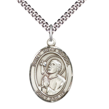 Saint St. Rene Goupil Medal Necklace – Men's Pewter Pendant with 24 - Inch Light Rhodium Plated Chain – Patron Saint St. of Anesthesiologists, Catholic Medal – Velvet Gift Box Included
