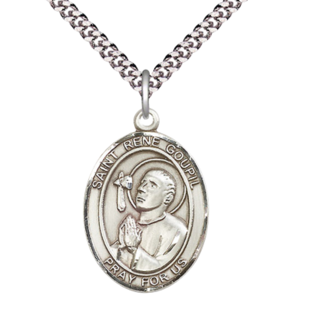 1 x 3/4" Oval Pewter Saint Rene Goupil Medal Pendant on 24" Rhodium Plated Heavy Curb Brass Chain with Lobster Claw clasp , Catholic Religious Necklace -Made in USA - Deluxe Velvet Gift Box