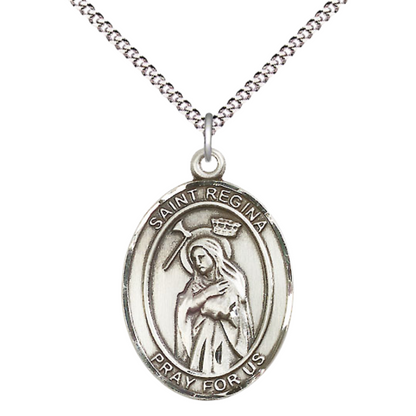 Women's Pewter Saint St. Regina Medal Pendant on 18 Inch Rhodium Plated Lite Curb Brass Chain with Lobster Claw Clasp, Catholic Religious Necklace - Made in USA- Deluxe Velvet Gift Box