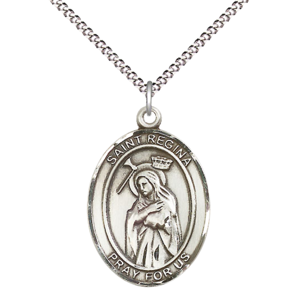 Women's .925 Sterling Silver Saint St. Regina Medal Pendant on 18 Inch Rhodium Plated Lite Curb Brass Chain with Lobster Claw Clasp, Catholic Religious Necklace - Made in USA- Deluxe Velvet Gift Box