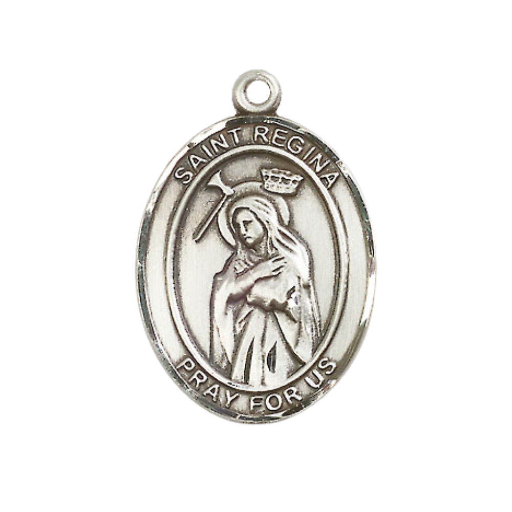 Women's .925 Sterling Silver Saint St. Regina Medal Pendant on 18 Inch Rhodium Plated Lite Curb Brass Chain with Lobster Claw Clasp, Catholic Religious Necklace - Made in USA- Deluxe Velvet Gift Box