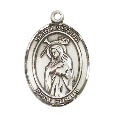 Oval .925 Sterling Silver Saint St. Regina Medal Pendant on 24 Inch Rhodium Plated Heavy Curb Brass Chain with Lobster Claw clasp, Catholic Religious Necklace - Made in USA- Deluxe Velvet Gift Box