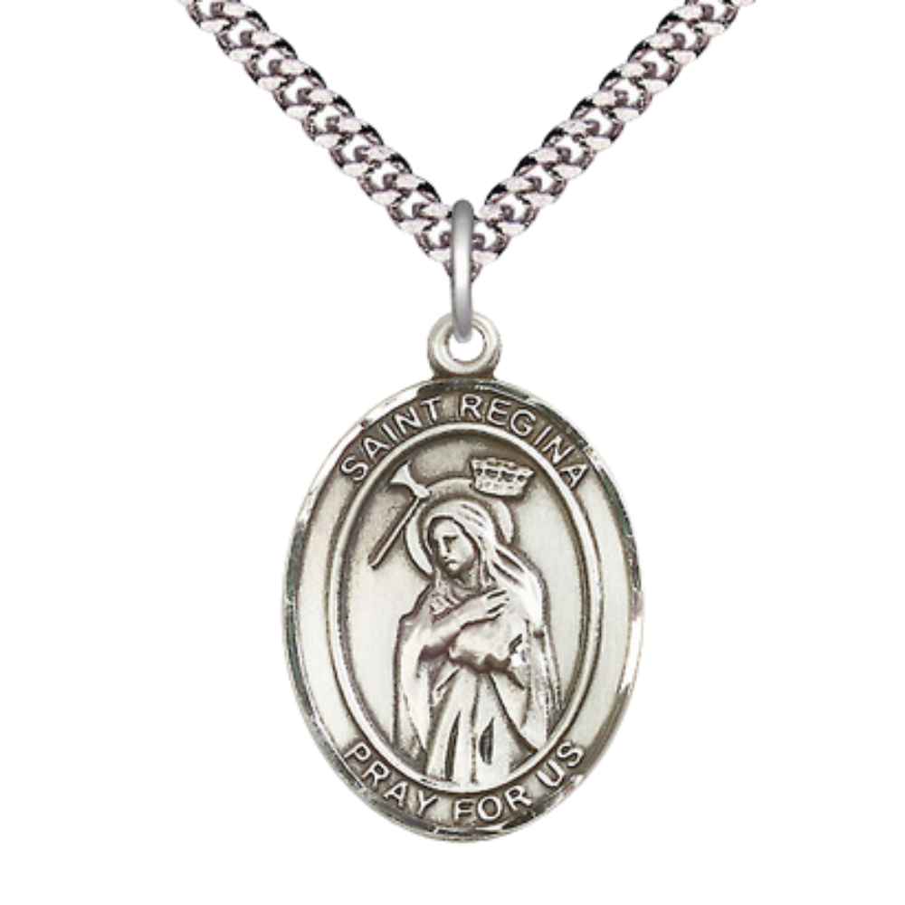 Saint Regina Medal Necklace – Patron Saint Against Poverty – 24" Endless Light Rhodium Plated Chain – Velvet Gift Box
