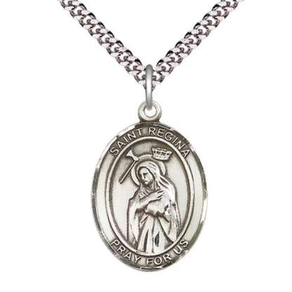 Saint Regina Men's Medal Necklace – Patron Saint Against Poverty – 24" Endless Light Rhodium Plated Heavy Curb Chain – Velvet Gift Box